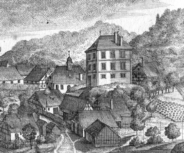 Eine Schwarz-Weiß-Zeichnung einer kleinen Stadt in Bayern im 19. Jahrhundert, die eine zentrale Kirche zeigt, umgeben von Häusern, Bäumen und einem Himmel im Hintergrund, mit Text am unteren Rand, der 'Bayern im 19. Jahrhundert' lautet.