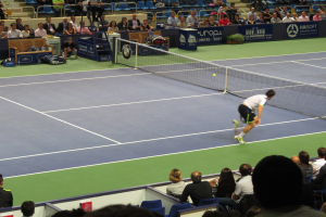 Ein Mann spielt Tennis auf einem Court mit einem Ball in der Luft, der einen Schläger hält, vor einem sitzenden Publikum, mit einem Netz, Bannern und Stufen im Hintergrund.