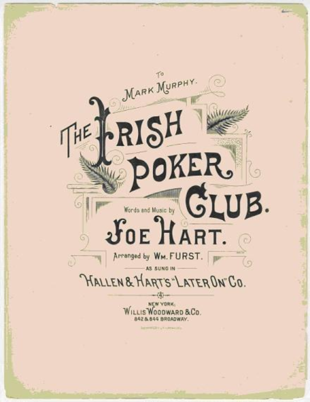 Ein gerahmtes Poster mit 'The Irish Poker Club' in fetter schwarzer Schrift auf einem weißen Hintergrund, umrandet von einer dünnen schwarzen Linie und mit einer bunten Kleeblatt-Illustration.