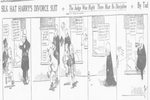 Cartoon-Illustration eines Mannes in einem schwarzen Anzug und einer Frau in einem eleganten Kleid mit einem schwarzen Schal, beide mit ernsten Gesichtern, beschriftet mit 'Scheidungsklage'.