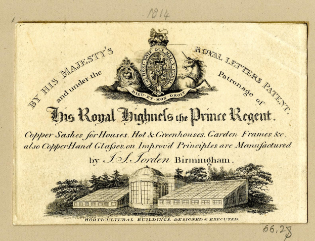 Alte Visitenkarte mit einem Gebäude mit Bäumen, Text 'The Royal Highmills of the Prince Regent' und einem Logo.