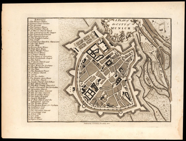 Detailierte alte Karte von München, Deutschland, mit Straßen, Gebäuden und Landmarken auf einem schwarzen Hintergrund.