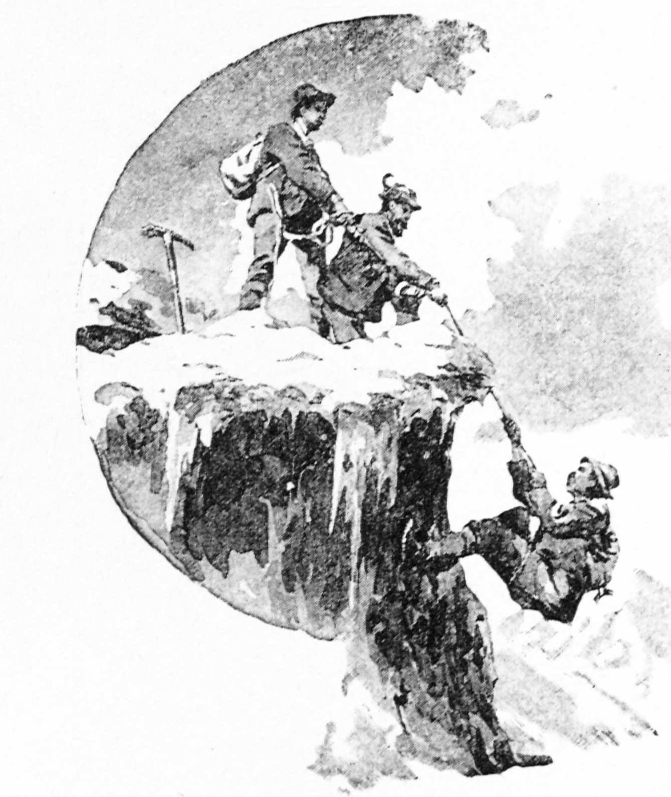 Schwarze und weiße Illustration von Menschen, die einen Berg erklimmen, einer hält einen Stock, mit Text "Mountain Climbing - The Illustrated London News" unten.