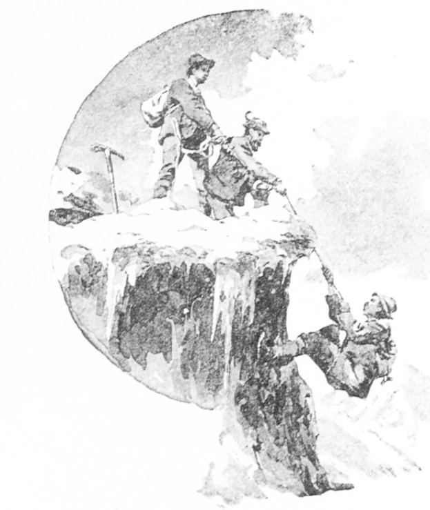 Schwarze und weiße Illustration von Menschen, die einen Berg erklimmen, einer hält einen Stock, mit Text "Mountain Climbing - The Illustrated London News" unten.