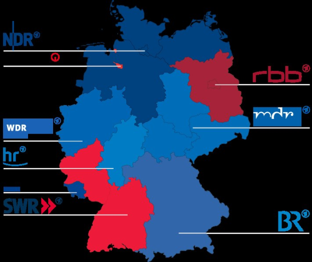 Karte von Deutschland, die die Ergebnisse der Wahl von 2016 nach Bundesländern zeigt, wobei die Bundesländer rot und blau eingefärbt sind und Text die Namen der Kandidaten und das Wahldatum bereitstellt.