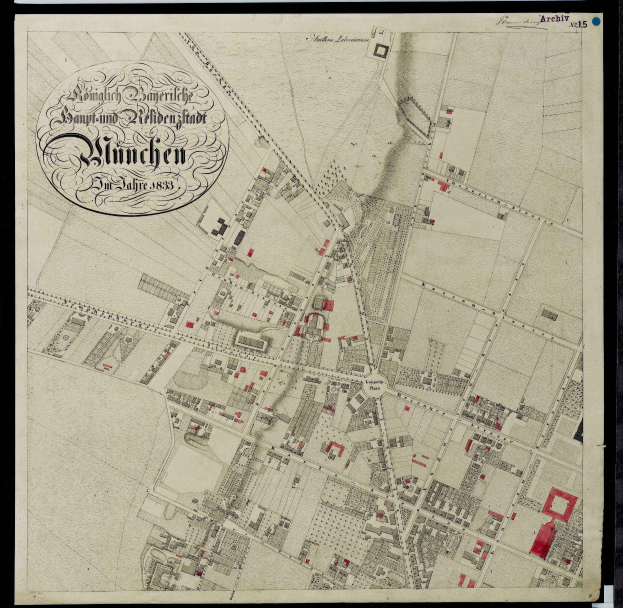 Schwarz-weiß-Karte von München, Deutschland, mit schwarzem Rand, zeigt Straßen, Gebäude und Sehenswürdigkeiten im Detail.