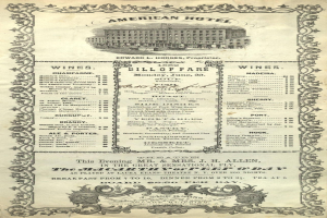 Ein altes Buch mit dem Titel "American Hotel Bill of Fare von 1862", das ein Gebäude auf dem Cover zeigt und die Angebote des Restaurants auflistet.