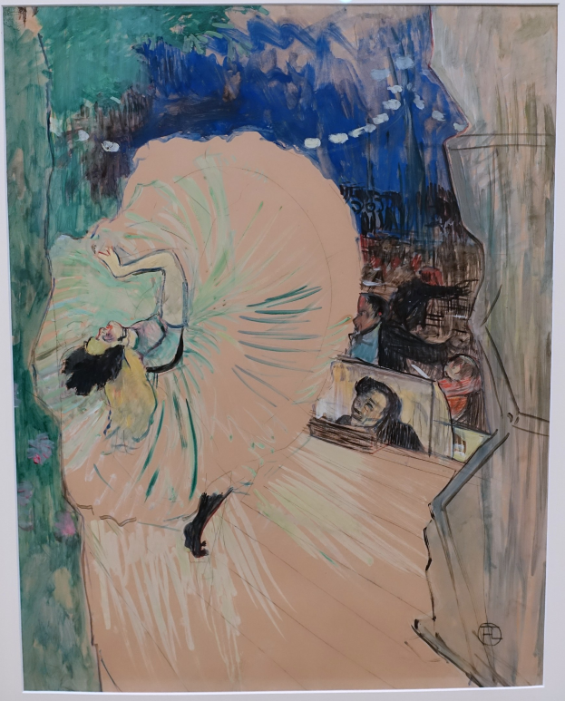 Ein Gemälde namens 'Tanz an der Oper' von Edgar Degas, das eine Frau in einem grünen Kleid zeigt, die anmutig auf der Bühne tanzt, umgeben von einer Gruppe von Menschen im Hintergrund, die mit leuchtenden Farben und sichtbaren Pinselstrichen Bewegung und Energie vermitteln.