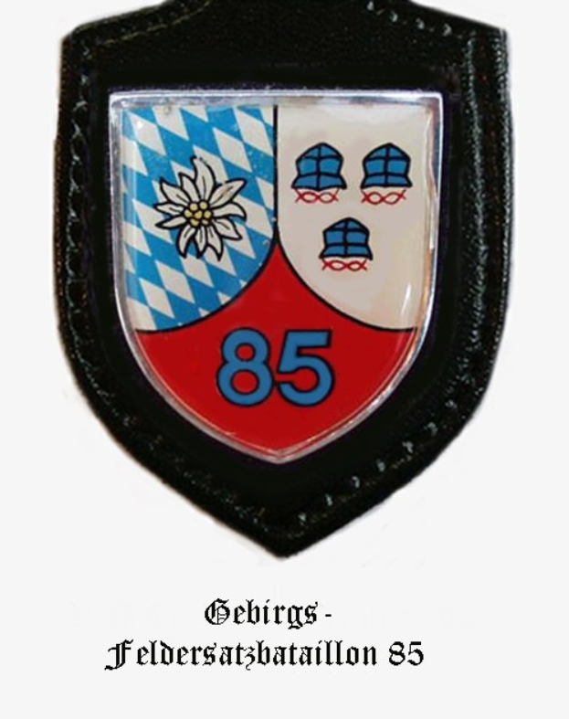 Ein rundes Abzeichen mit der Zahl 85 und dem Logo von FC Bayern München, darunter deutscher Text.