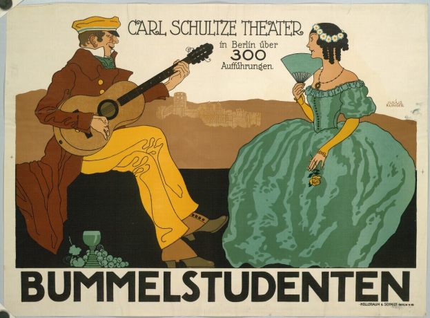 Ein Plakat für ein Konzert im Carl-Schulze-Theater in Berlin, Deutschland, mit einem Mann, der eine Gitarre spielt und einer Frau, die einen Fächer hält, sowie Text auf dem Plakat.