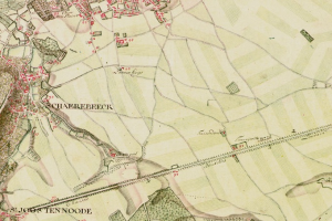 Ein detailliertes altes Stadtplan von St. Joos Ten Noodle, der Straßen, Gebäude und andere Merkmale zeigt, mit Text oben und unten.