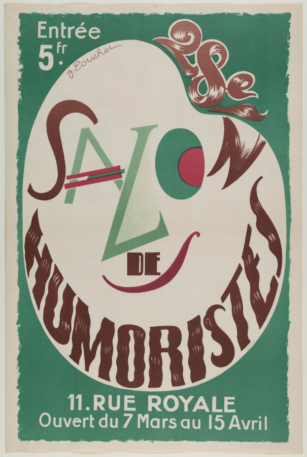 Plakat, das eine Humoristenvorstellung in Paris, Frankreich, ankündigt und Text zu seinen Angeboten enthält.