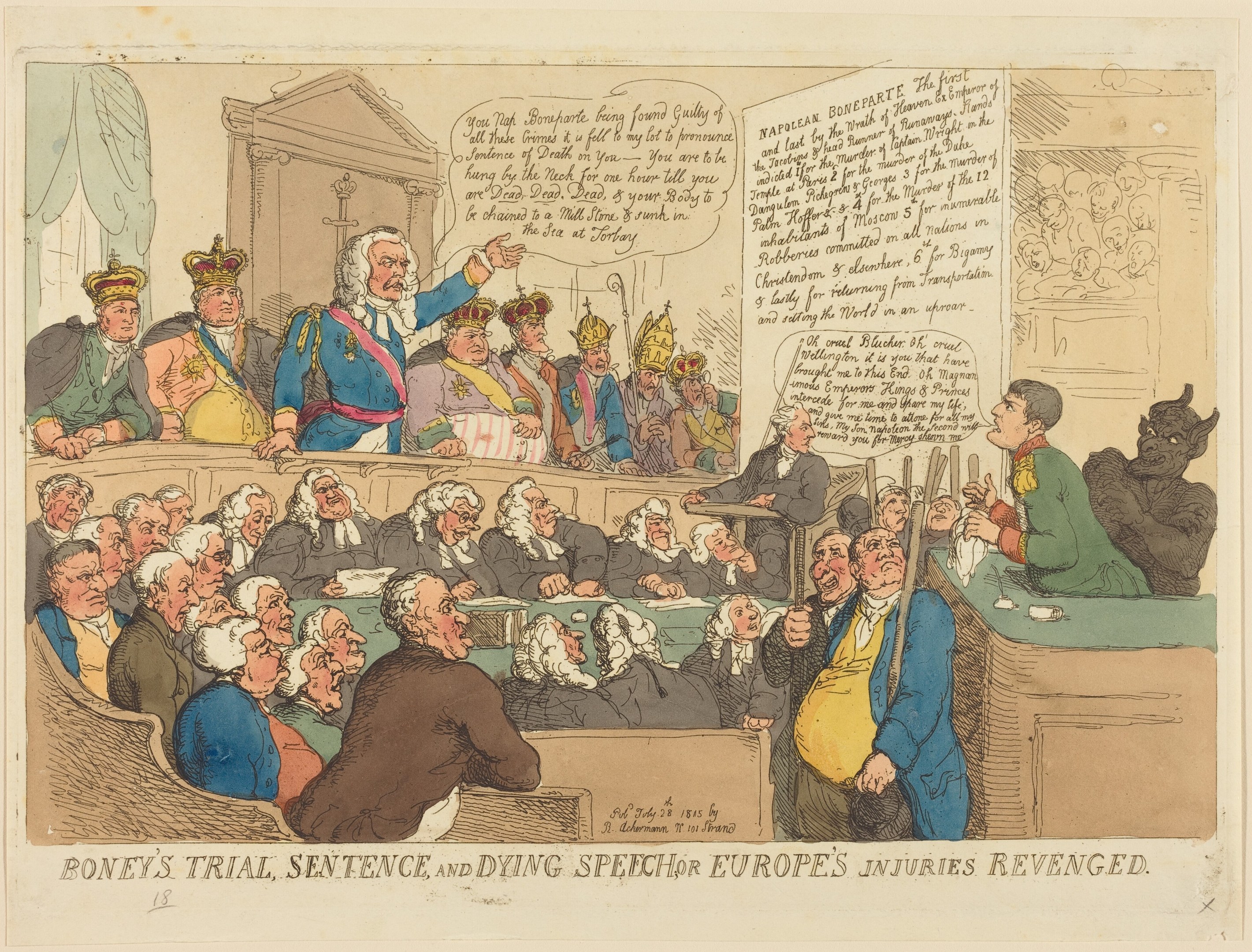 Cartoon-Illustration eines Gerichtssaals mit dem Titel "Boney's Trial, Sentence, and Dying Speech Europe's Injuries Revenged", die eine Gruppe von Menschen mit einem Mann in der Mitte und einem Tisch mit Gegenständen rechts zeigt.