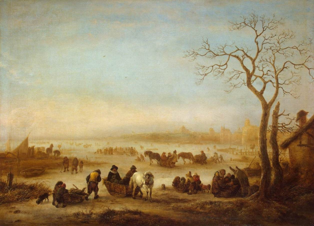 Winterlandschaftsbild mit dem Titel "Die Eiszeit" von Johannes Vermeer zeigt eine Gruppe von Menschen auf einem zugefrorenen See, umgeben von schneebedeckten Bäumen, Häusern und anderen Gegenständen unter einem bewölkten Himmel.