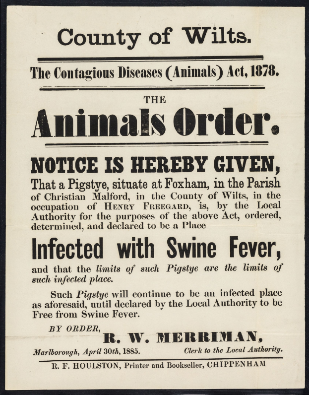 Ein Plakat mit der Aufschrift "Der Landkreis Wiltshire, das Tierseuchengesetz von 1878" mit einer Ankündigung über Schweinepest.