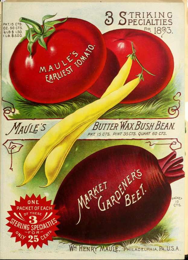 Ein Vintage-Plakat mit leuchtend bunten Gemüsen wie Tomaten und Rüben, die in einem Muster angeordnet sind, mit der Aufschrift "Marktgärtner's Beet" in fetter Schrift.