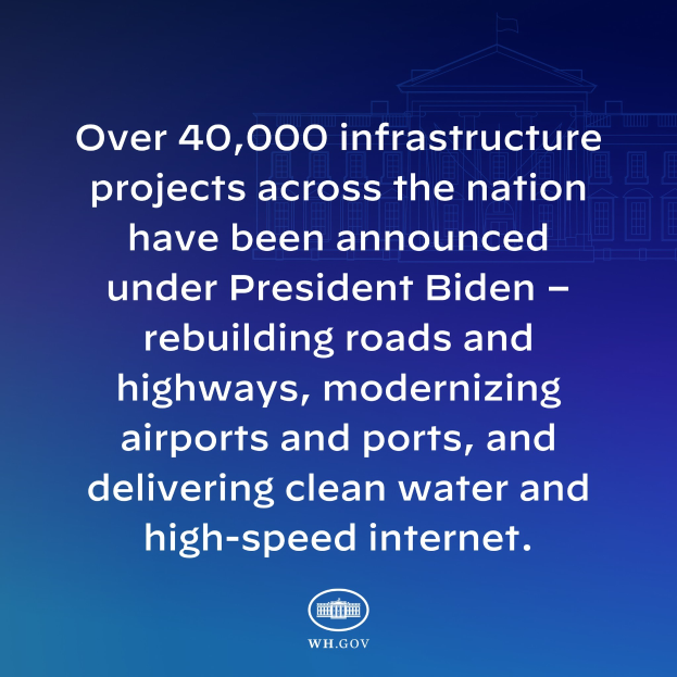 Ein blauer Hintergrund mit dem Text "über 40.000 Infrastrukturprojekte bundesweit unter Präsident Biden angekündigt" und einem Logo unten.
