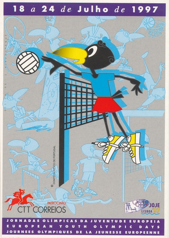 Plakat für die Olympischen Spiele 1997 mit einer Cartoon-Figur, die Volleyball spielt, sowie Text und Bilder von Athleten, einem Volleyball-Netz und anderen Sport-Szenen.