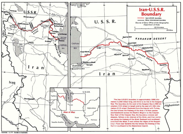 Detailierte Plakatkarte der iranisch-sowjetischen Grenze, die geografische Merkmale und Landesgrenzen zeigt.