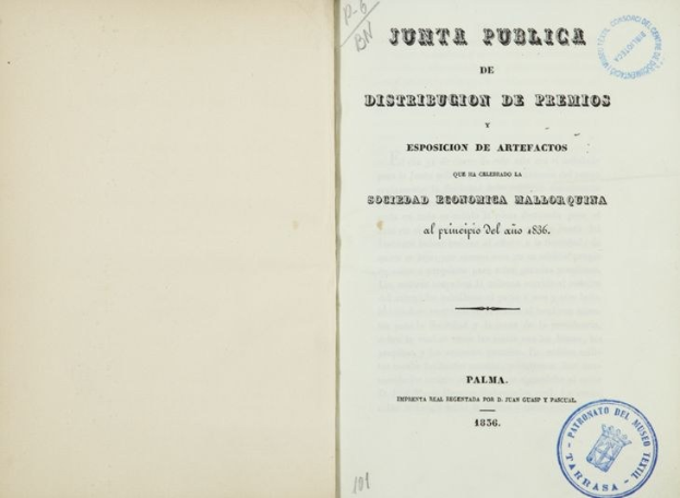 Offenes Buch mit einem blauen Stempel und gedrucktem Text, als Verteilungsdokument der spanischen Regierung von 1836 gekennzeichnet.