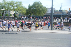 Gruppe von Läufern bei einem Marathon auf einer Straße mit Metallzaun, Zielpfosten, Band, Zuschauern, Barrieren, Pfosten, Schildern, einer Brücke, Gebäuden, Bäumen und einem bewölkten Himmel.