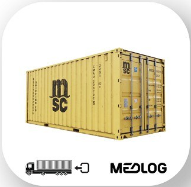 Gelber Transportcontainer mit der Aufschrift "Medlog" und einem Bild eines Lkws und Text, zum Transportieren verwendet.