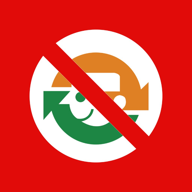 Ein rotes und weißes Schild mit fetter schwarzer Schrift, die "Keine Recycling" lautet, und ein Pfeil, der nach rechts zeigt.