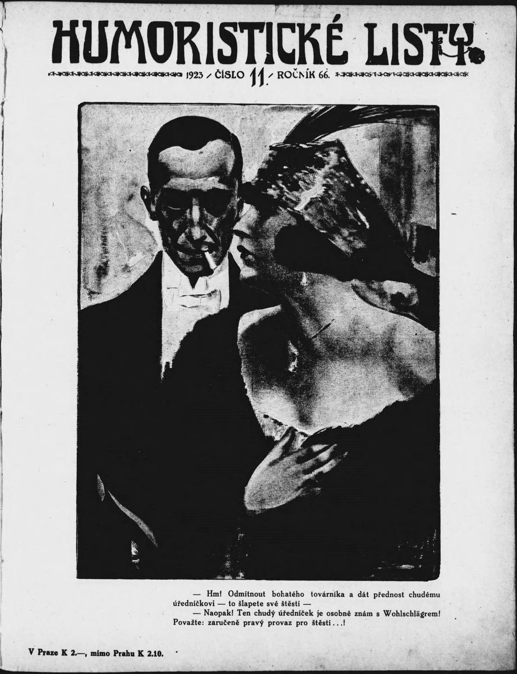 Schwarzes und weißes Magazincover mit einem Mann im Anzug mit ernster Miene und einer Frau mit einem leichten Grinsen, betitelt 'Humoristische Liste' in fetter weißer Schrift.