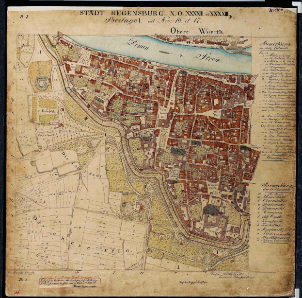 Ein gerahmtes historisches Stadtplan von Regensburg, Deutschland, das Straßen, Gebäude und geografische Merkmale zeigt.