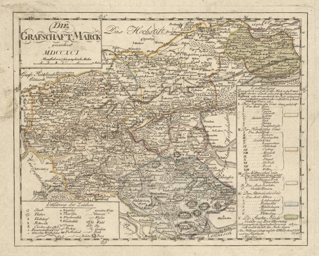 Ein detailliertes altes Stadtplan von München, Deutschland, mit Straßen, Parks, Flüssen und Sehenswürdigkeiten, eingerahmt von einem prunkvollen blau-grün-gelben Rand.