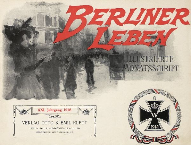 Alte Buchumschlagabbildung mit dem Text 'Berliner Leben', einem deutschen Militärlogo und einer Gruppe von Menschen in einer feierlichen Pose.