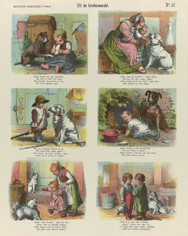 Eine Buchseite mit Bildern von Kindern in bunten Kleidern mit verschiedenen Hunderassen und geschwungener Text mit einem dekorativen Rahmen.