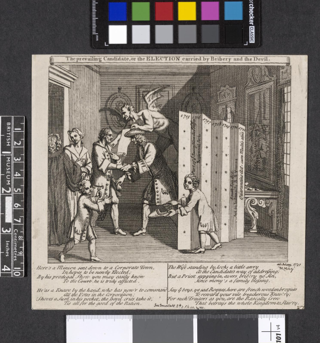 Schwarz-weißer Kupferstich von Menschen in einem Raum, die ein Papier mit Text und Farboptionen untersuchen, symbolisiert eine korrupte Wahl.