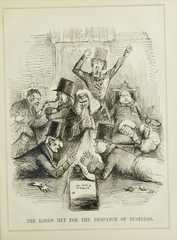 Eine historische Illustration, die eine Gruppe verzweifelter Menschen in einer Besprechung zeigt, mit dem Text "Die Lords trafen sich zur Erledigung von Geschäften", was auf eine schwierige oder dringende Situation hinweist.