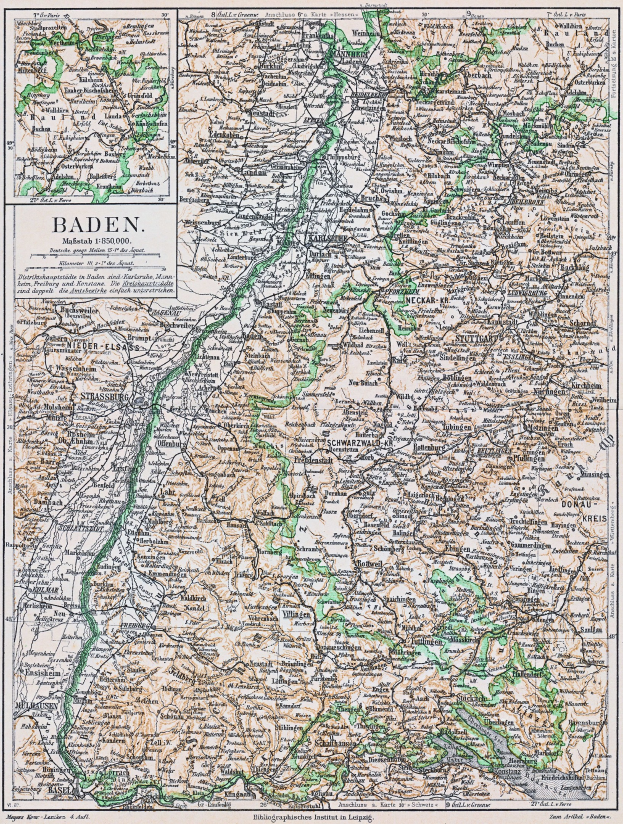 Detailierte alte Karte von Baden-Württemberg, Deutschland, mit Straßen, Städten und geografischen Merkmalen, einschließlich Text oben und unten.