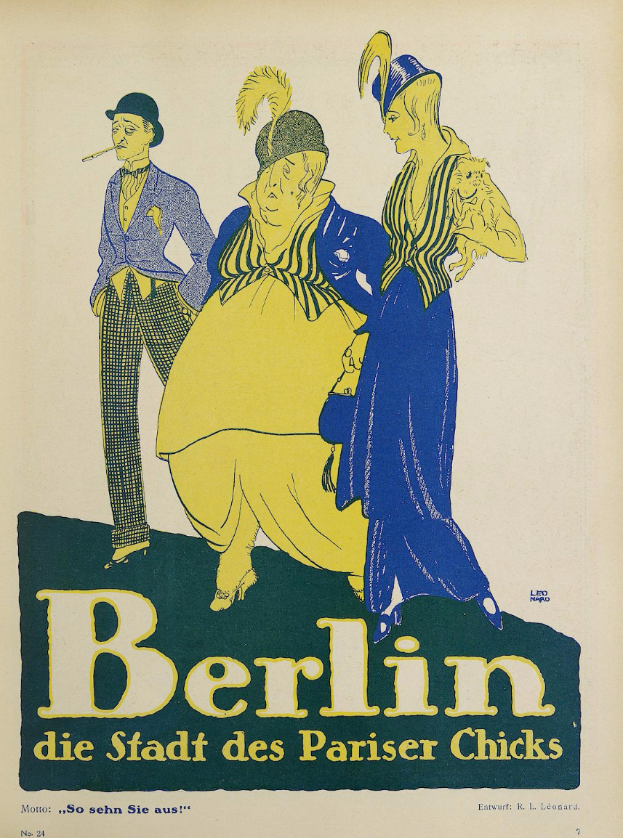 Ein Plakat, das ein Konzert in Berlin, Deutschland, ankündigt, zeigt eine Gruppe farbenfroher Menschen vor einem Gebäude mit der Aufschrift "Berlin - Die Stadt des Pariser Chicks".