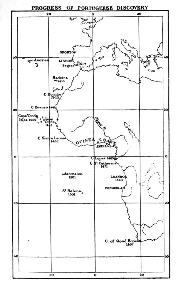 Schwarze und weiße Karte der portugiesischen Entdeckungsfortschritte, die geografische Merkmale wie Flüsse, Berge und Städte mit begleitendem Text über die beteiligten Länder zeigt.