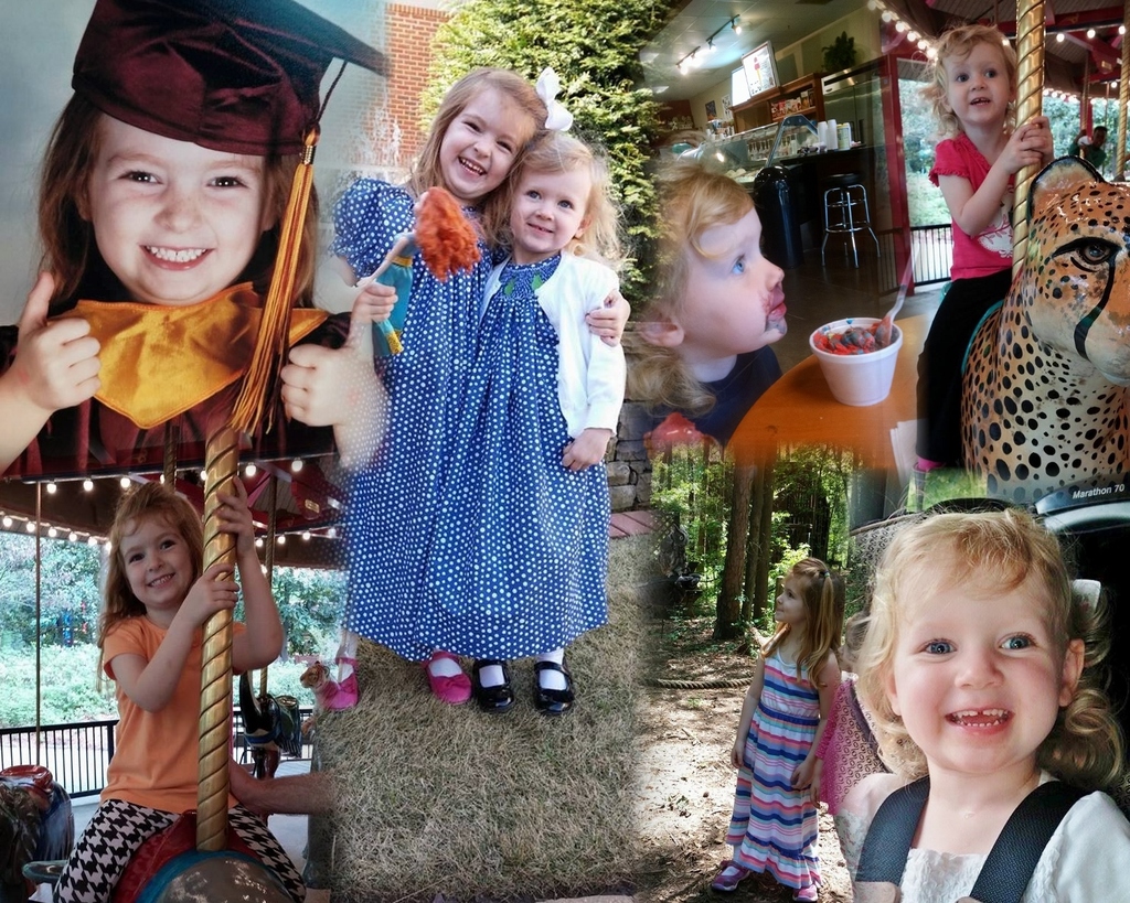 Ein Collage mit Vergnügungsparkfahrzeugen, einem Tisch mit Lebensmitteln, darunter ein Becher und ein Löffel, verschiedenen Gegenständen, Lichtern, einer Wand, Büschen, Bäumen, Gras, einem Seil und einem Hut.