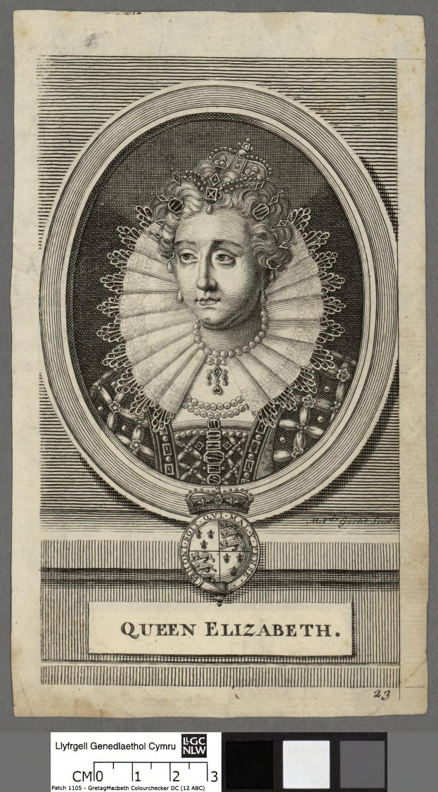 Porträt der Queen Elizabeth I. von England in königlicher Kleidung, einschließlich einer Krone und Tiara, mit einem würdevollen Gesichtsausdruck und Haaren, die zu einem Dutt frisiert sind, vor einem grauen Hintergrund.