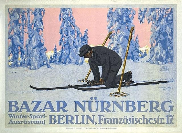 Plakat für Bazar Nürnberg Winter Sport in Berlin, das eine Person beim Skifahren mit Bäumen im Hintergrund und Text zeigt.
