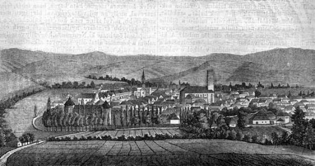 Schwarze und weiße Zeichnung einer kleinen Stadt in einem Tal umgeben von Bäumen und Höhen, mit dem Text "Bayern, Deutschland, 1857" oben.