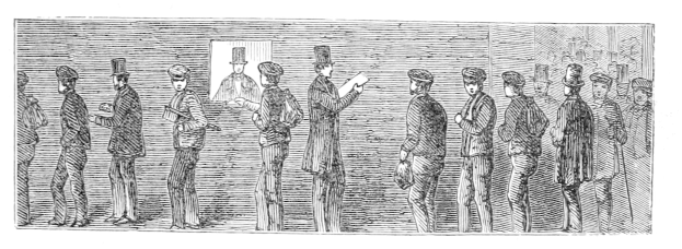 Eine Schwarz-Weiß-Radierung einer Reihe von Menschen, einer hält ein Papier mit einer Zeichnung einer Wahlkabine.