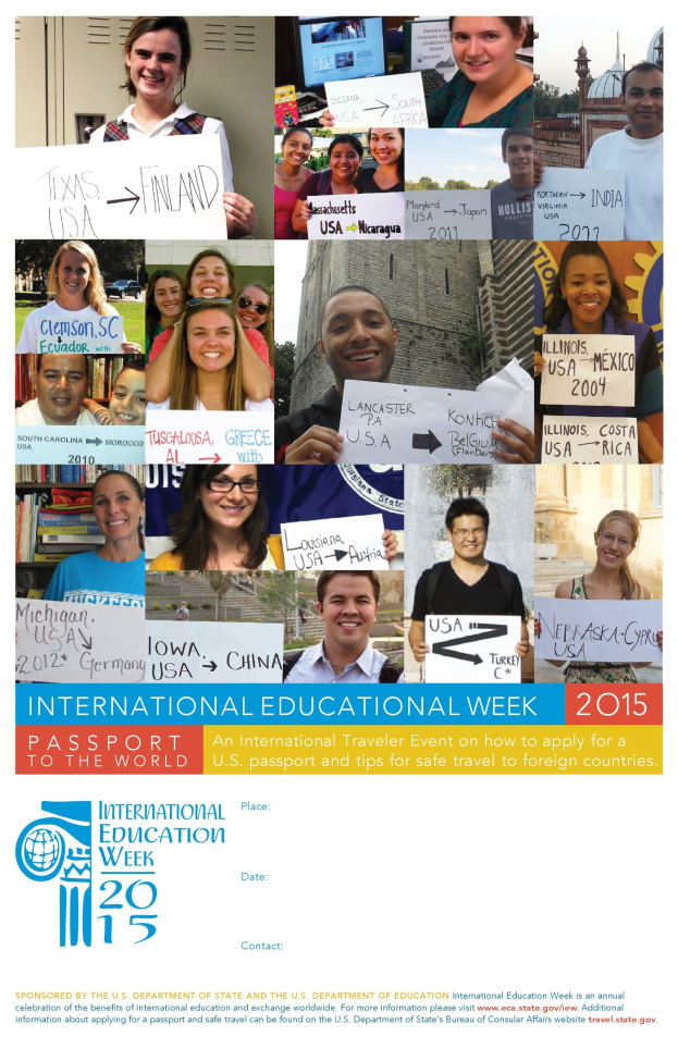 Internationaler Bildungswoche 2015-Plakat mit einer Gruppe von Menschen, die lächeln und Schilder halten, mit Text über das Ereignis.