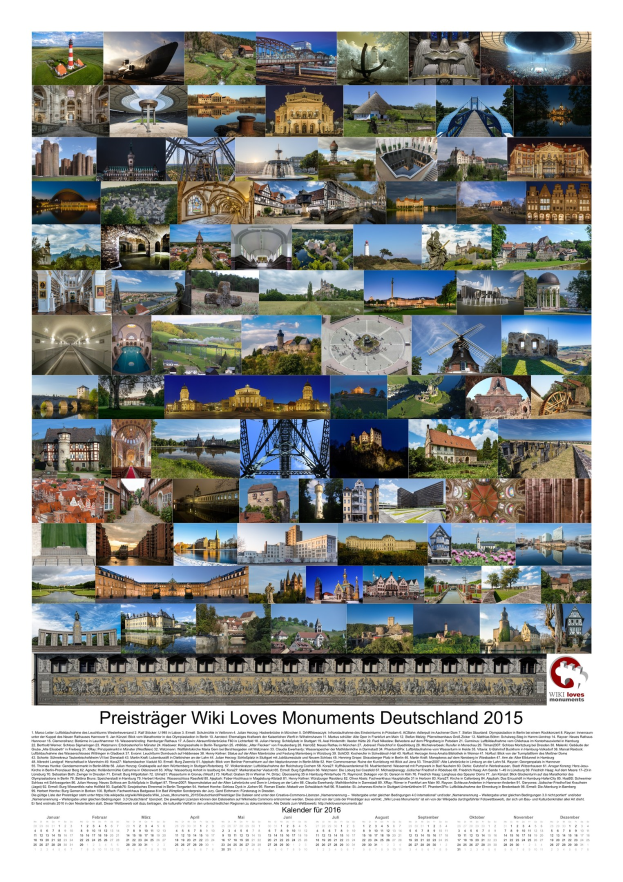 Kalender mit dem Titel "Preisträger Wiki Loves Monuments Deutschland 2015" mit einer Collage deutscher Denkmäler von 2015.