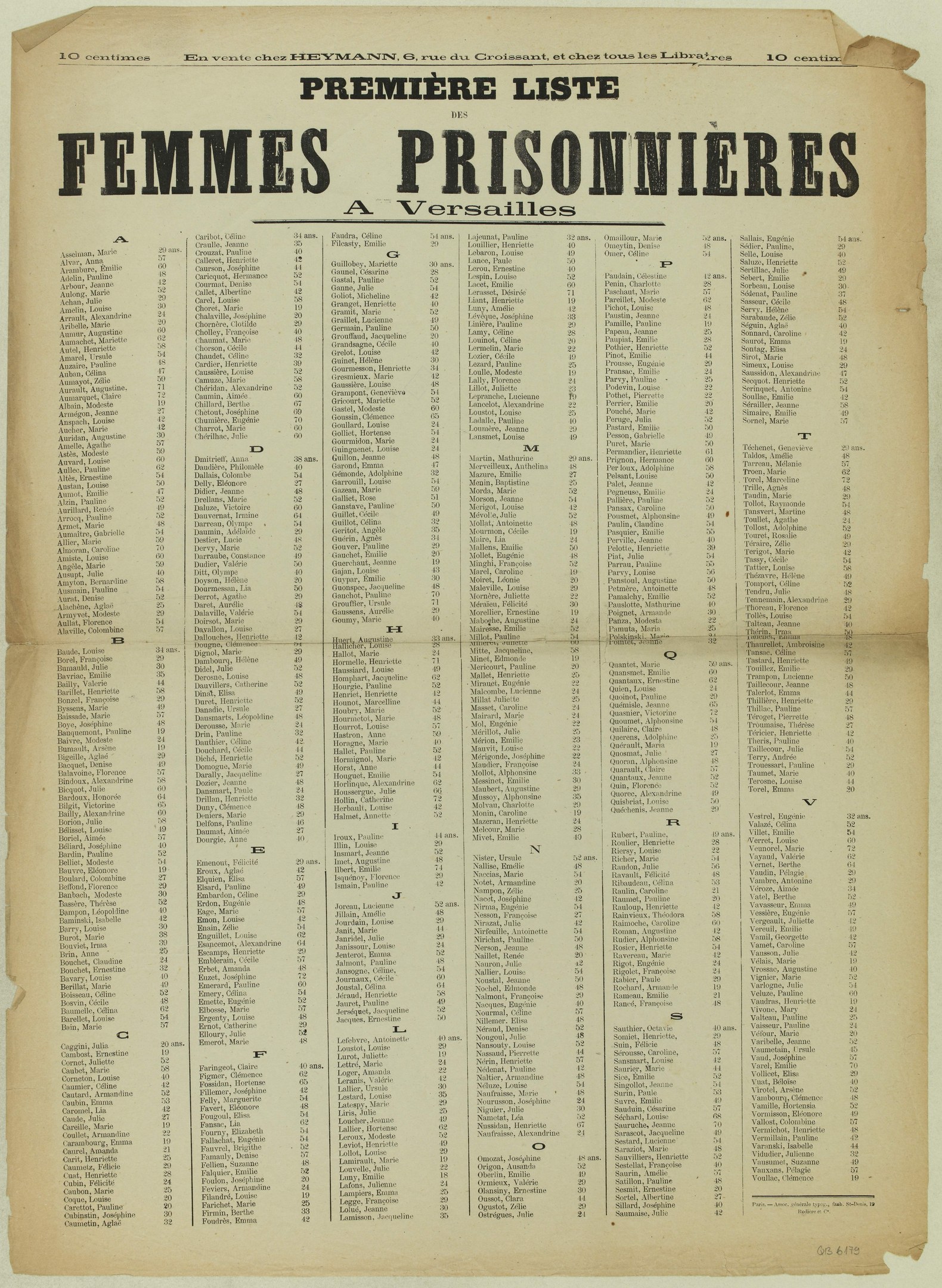 Ein altes, vergilbtes Buch mit einer Liste weiblicher Gefangener, mit Spalten für Namen in schwarzer Tinte.