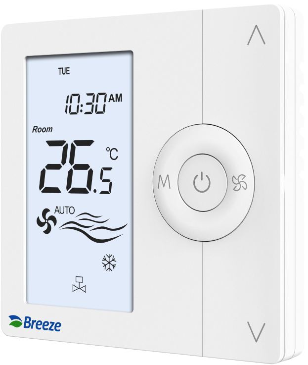 Weißer digitaler programmierbarer Thermostat mit der Bezeichnung "breeze digital programmierbare Thermostate" vor einem weißen Hintergrund.