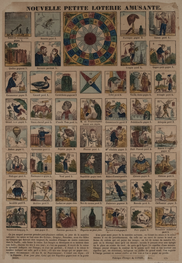 Ein abgegriffenes Buch mit verschiedenen Illustrationen, darunter ein detailliertes Wheel of Fortune, umgeben von Text.