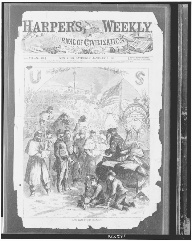 Schwarzes und weißes Bild von Menschen, die sich um eine Zeitung namens 'Harper's Weekly Journal of Civilization' versammelt haben