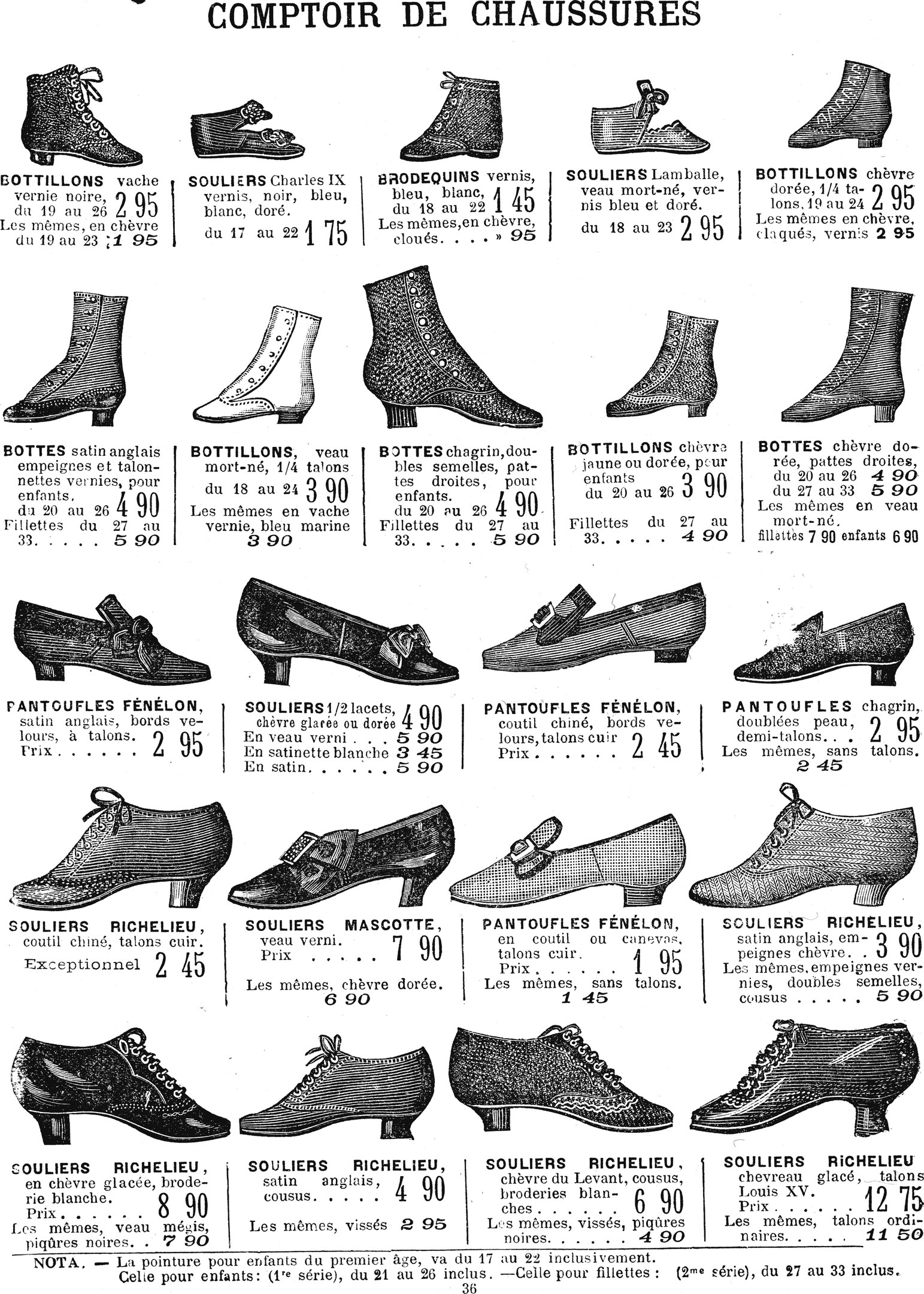 Eine Buchseite, die verschiedene Damenschuhe mit einzigartigen Designs, Preisschildern und Details zur Größe, Form und Farbe zeigt.