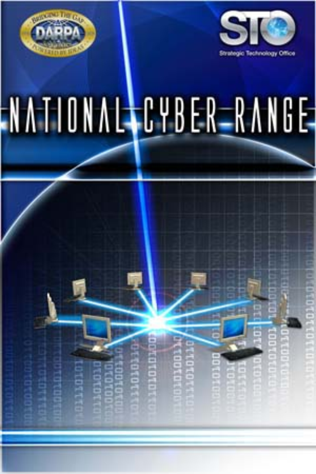 Ein Plakat mit der Aufschrift 'Nationales Cyber-Range' in fetter weißer Schrift auf einem blauen Hintergrund, das eine Weltkugel mit mehreren angeschlossenen Computern zeigt.